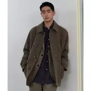 MUSINSA STANDARD 울 블렌드 트위드 오버사이즈 하프 발마칸 코트 [브라운]