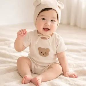 에뜨람 순면 아기 바디수트 보넷 세트 보넷모자 반팔 우주복 실내복 신생아 백일 kc인증