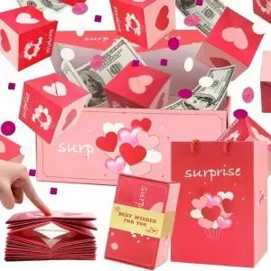 1팩 발렌타인 선물 상자 DIY 접이식 종이 돈 팝업 생일 웨딩 서프라이즈 박스 폭발 레드 엔벨로프