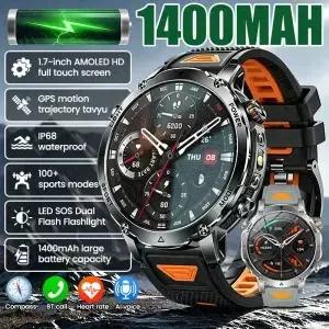 새로운 야외 군사 1400mAh 배터리 스마트 시계 남자 스포츠 GPS 트랙 SOS 손전등 IP68 방수 블루투스 통화