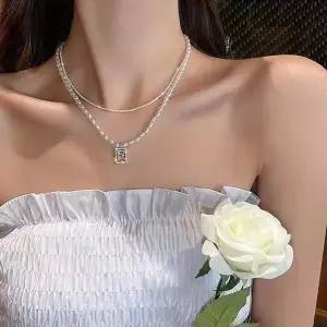 진주 스퀘어 큐빅 목걸이 세트 레이어드 체인 네크리스