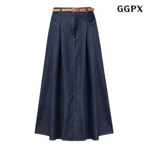 GGPX 데님 벨티드 핀턱 스커트 GPBWH010D