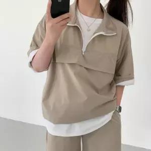 여성 반팔 반바지 아노락 셋업 세트 베이지 코디세트 하프넥티셔츠 골지 XAWFGQGDZ
