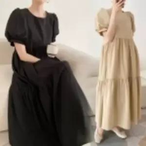 미니멀 퍼프소매 캉캉원피스_블랙,베이지 옷자락 미니멀 포인트