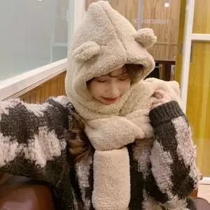 [QNS85YZ5]뽀글이 3컬러 멀티 모자 머플러 곰돌이 모자