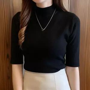 모크넥 반소매니트 슬림핏 여성 자켓이너 흰반팔티