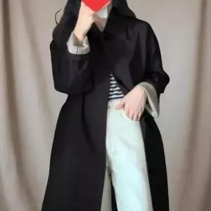 여성 배색 소매 롱 트렌치코트 벨트 스타일 간절기 외투