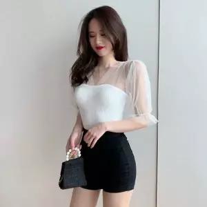 옷자락 미니멀 [HH-B42] 시스루 퍼프 반팔 니트 3컬러