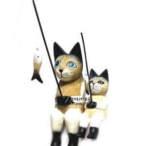 고양이 목각 인형 낚시 고양이 조각 수공예 나무 인테리어 소품 책상 장식 조각상 오브제 사무실 가족 수제
