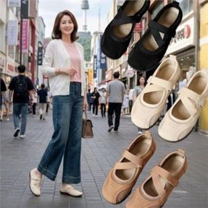 여성 메리제인 슈즈 여성 스트랩 단화 편안한 벨크로 데일리 플랫 라운드 신발 밴딩 메쉬 외출용 간절기