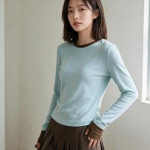 라운드넥 긴팔 티셔츠 여성 캡내장 배색 상의 봄 가을 데일리 이너웨어