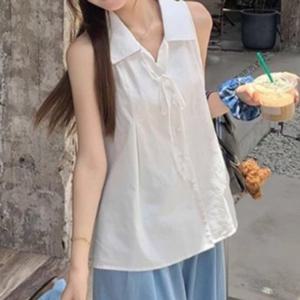 여성 러블리 리본 카라 나시 블라우스 화이트 1P 여름 민소매 셔츠 데일리