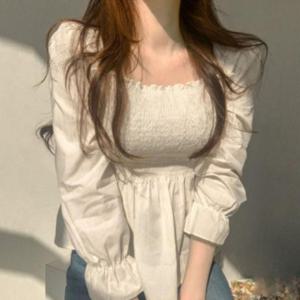 여성 스모크 밴딩 프릴 긴팔 블라우스 1P 퍼프 소매 간절기 예쁜 셔츠