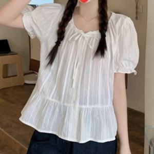 여성 러블리 리본 프릴 반팔 블라우스 1P 퍼프 밴딩 소매 여름 셔츠
