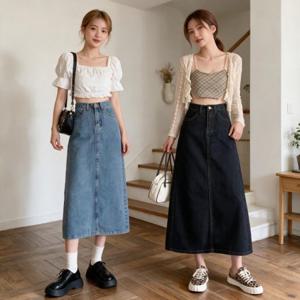 데님 롱스커트 A라인 일자핏 스커트 봄 가을 하객룩 데일리룩 데이트룩 치마