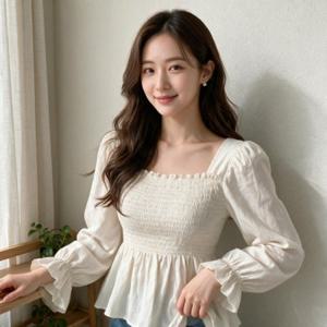스모크 블라우스 퍼프 밴딩 프릴 상의 데일리룩 하객룩 오피스룩 봄 가을