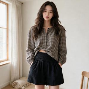체크 퍼프 셔링 블라우스 데이트룩 하객룩 오피스룩 봄 가을 여름 긴팔 상의