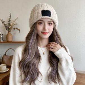 투톤 웨이브 모자 가발 롱 헤어 헤어스타일 연출 모자형 베이지