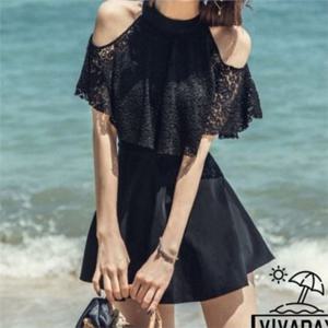 여성 오프숄더 수영복 레이스 수영복 시스루 플레어 원피스 모노키니 체형 보정 홀터넥 반팔 어깨 짧은