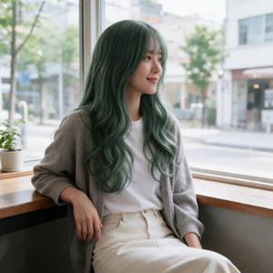 긴머리 통가발 웨이브 에쉬그린 촬영용 가발 판타지 코스프레 헤어 변신 아이템