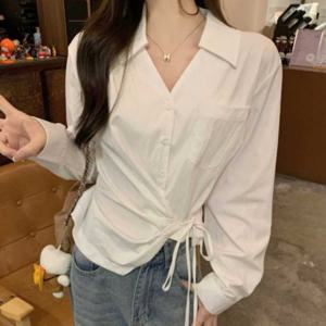 카라 블라우스 긴팔 포켓 셔링 루즈핏 버튼 셔츠 데일리 출근룩 하객룩 상의 여성 랩 리본