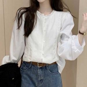 블라우스 퍼프소매 버튼 루즈핏 긴팔 데일리 봄 가을 상의 여성 셔링 스탠드카라