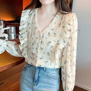 프릴 블라우스 퍼프소매 셔링 긴팔 데일리 봄 가을 상의 여성 플라워 브이넥