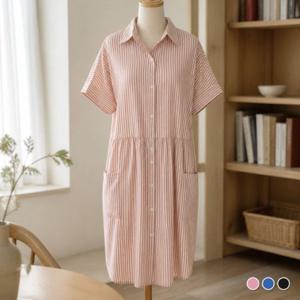 핑크 여성 여자 단추 루즈핏 반팔 데일리 하객 스트라이프 원피스 블루 드레스