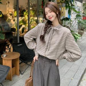 체크 리본넥 블라우스 LL-1010883