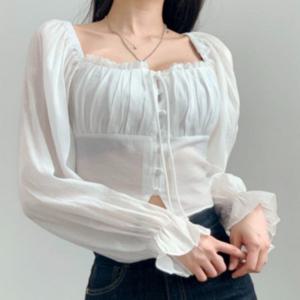 블라우스 스모크 셔링 프릴 퍼프 여자 스퀘어넥