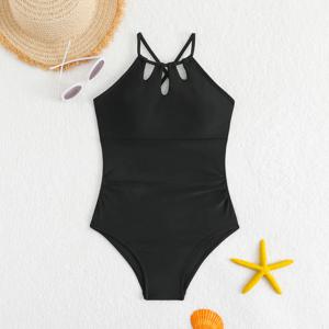 십대 소녀 원피스 수영복 수영복 패션 크로스 레이스 업 백 스트레치 솔리드 여름 Monokini 수영복 8-12Yrs