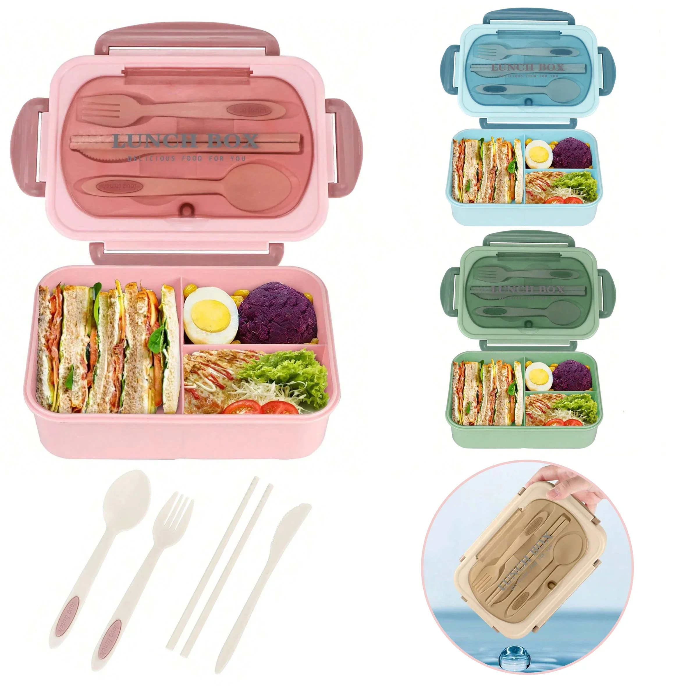 성인용 3칸 도시락통, 남녀공용 휴대용 도시락, 학교용, 전자레인지 사용 가능