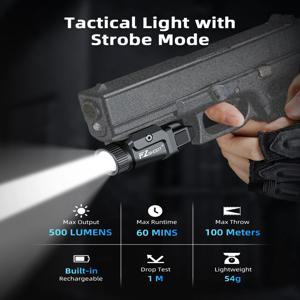 EZshoot 손전등 500 루멘 소형 LED 라이트, 권총 피카티니 및 GL 레일 스트로브 모드와 호환 가능, 사냥용 알루미늄 소재