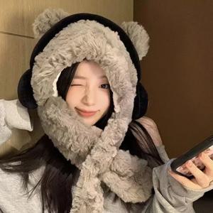 여성용 따뜻한 곰돌이 귀마개 모자, 스카프 포함, 겨울 방풍 목 보호 및 부드러운 귀덮개, 추운 날씨용 플리스 안감 후드