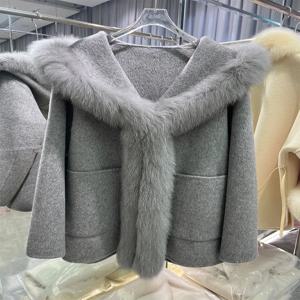 여성용 캐시미어 울 모직 재킷, 진짜 천연 여우 모피 칼라 코트, 여성용 럭셔리 외투, 겨울 패션, 2024