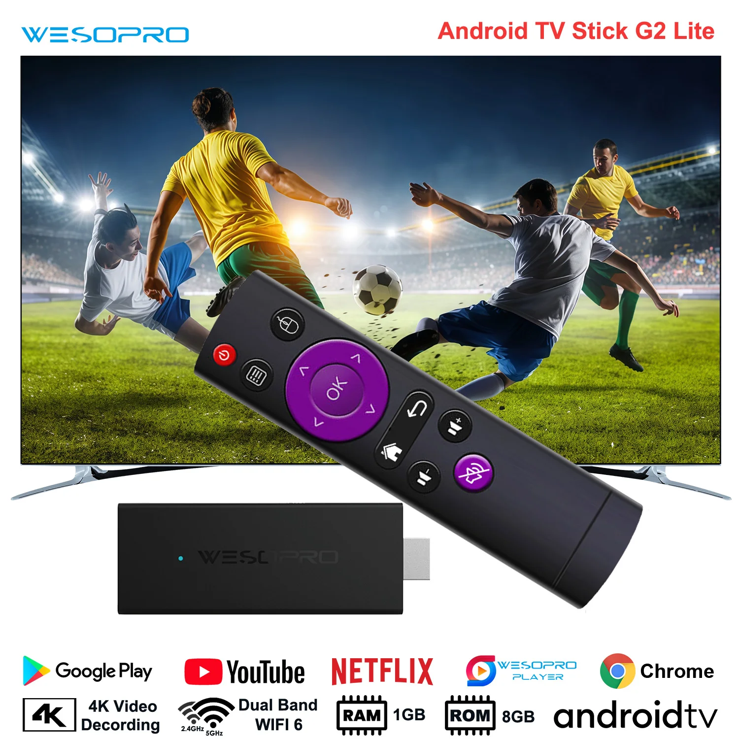 WESOPRO 안드로이드 TV 스틱 G2 라이트 스마트 IPTV 동글 1GB RAM 8GB ROM 2.4GHz 5.0GHz Wifi 4K 디코딩 스트리밍 미디어 VS Fire Stick