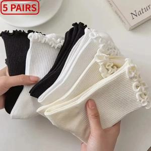 5 짝/몫 여성용 양말 Ruffle Middle Tube Ankle Short 통기성 블랙 화이트 세트 봄 가을