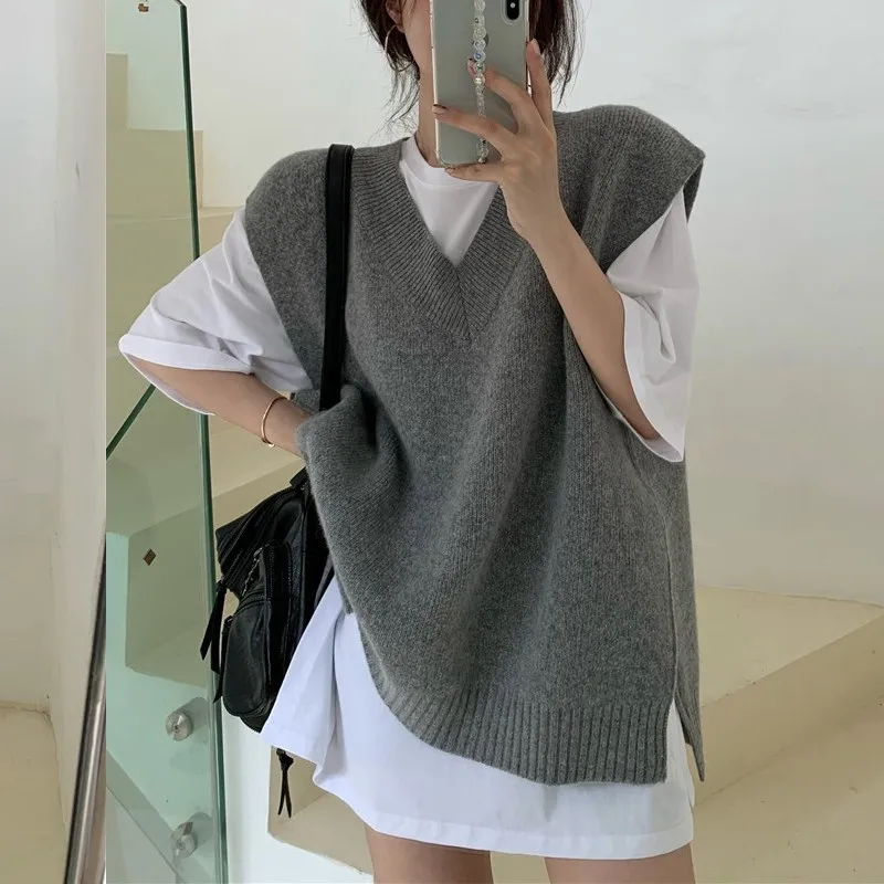 가을 민소매 여성 루즈핏 캐주얼 베스트 패션 솔리드 컬러 우아한 V넥 니트 탑 한국 스타일 풀오버 니트웨어