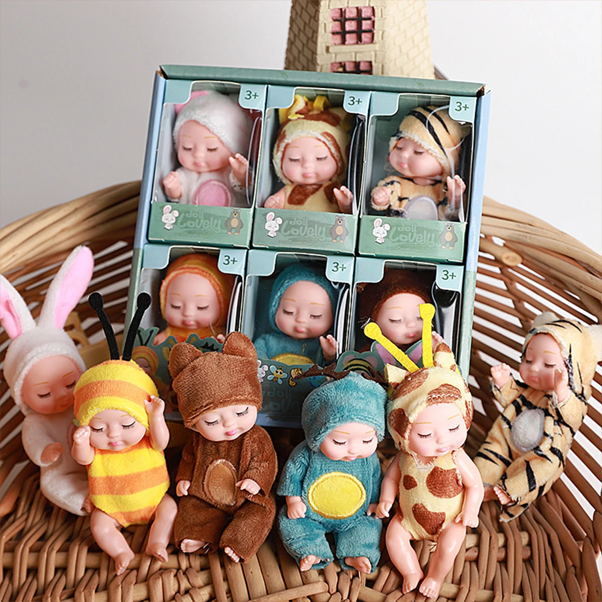 6PCS 미니 인형 귀여운 동물 의류 패션 시리즈 인형 시뮬레이션 리본 인형 세트 귀여운 작은 인형 완벽한 생일 선물