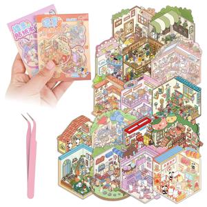포켓 DIY 3D 스티커 장면 컬렉션 북 DIY 3D 하우스 스티커 테라피 귀여운 만화 미니 스티커 장면 스트레스 해소용