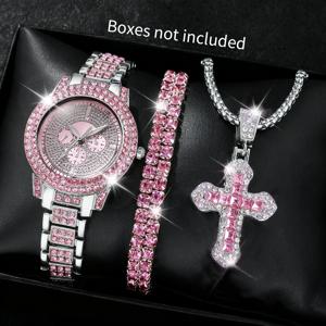 3PCS 럭셔리 라인스톤 여성용 시계 다이아몬드 쥬얼리 세트 우아한 스틸 여성용 쿼츠 손목시계 Reloj Mujer(상자 없음)