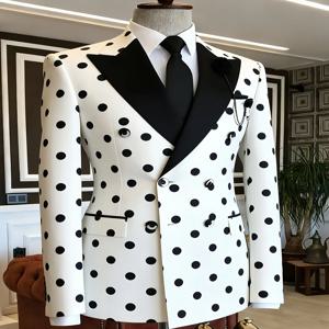 남성 슬림핏 화이트 블랙 물방울 무늬 더블 브레스티드 블레이저 새틴 피크 라펠 수트 재킷 (포멀 비즈니스, 신랑, 웨딩 파티용)