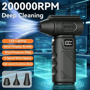 200000RPM 고성능 브러시리스 터보 제트 송풍기 200G 고풍압 5단계 풍속 조절 LED 디지털 배터리 잔량 표시 보조등 내장 Type C 범용 충전 무선 인체공학 그립 휴대용 차량 내부 청소 컴퓨터 키보드 먼지 제거 가정 사무실 청소 캠핑 바베큐 착화 반려동물 털 건조 낙엽 청소 다방면 활용 가능한 고성능 청소 송풍 도구