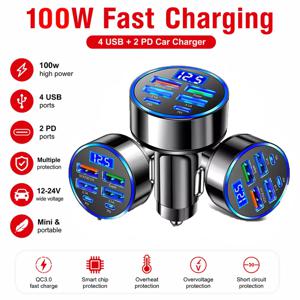 100W 6포트 차량용 충전기 고속 충전 PD Qc3.0 USB C 차량용 휴대폰 충전기 타입 C 어댑터 (아이폰, 삼성, 화웨이, 샤오미용)