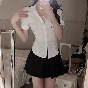 여성용 SMVP 화이트 셔츠 한국 스타일 슬림 피트 반소매 자른 블라우스 여성용 프레피 스타일 학생 턴 다운 칼라 셔츠