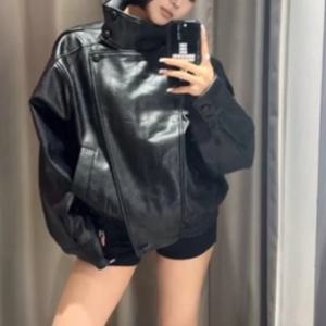    레트로 PU 레더 재킷 여성 쿨 스탠드 칼라 긴소매 지퍼 포켓 시크 코트 2025 가을 하이 스트릿 여성 의류