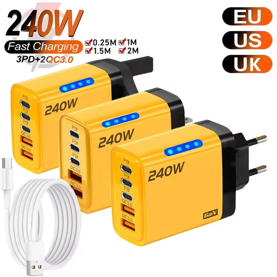 GaN 고속 충전기 240W 5포트 PD 퀵 차지 3.0 2USB 3타입 C 아이폰 15 16 17 삼성 샤오미 화웨이 태블릿 EU US UK 플러그