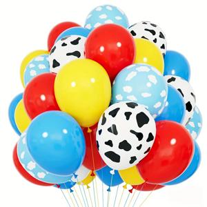 빨간색 노란색 파란색 장난감 풍선, 아기의 생일 이야기 및 축구 파티 테마 장식을 위한 하늘색 구름 소 무늬 풍선