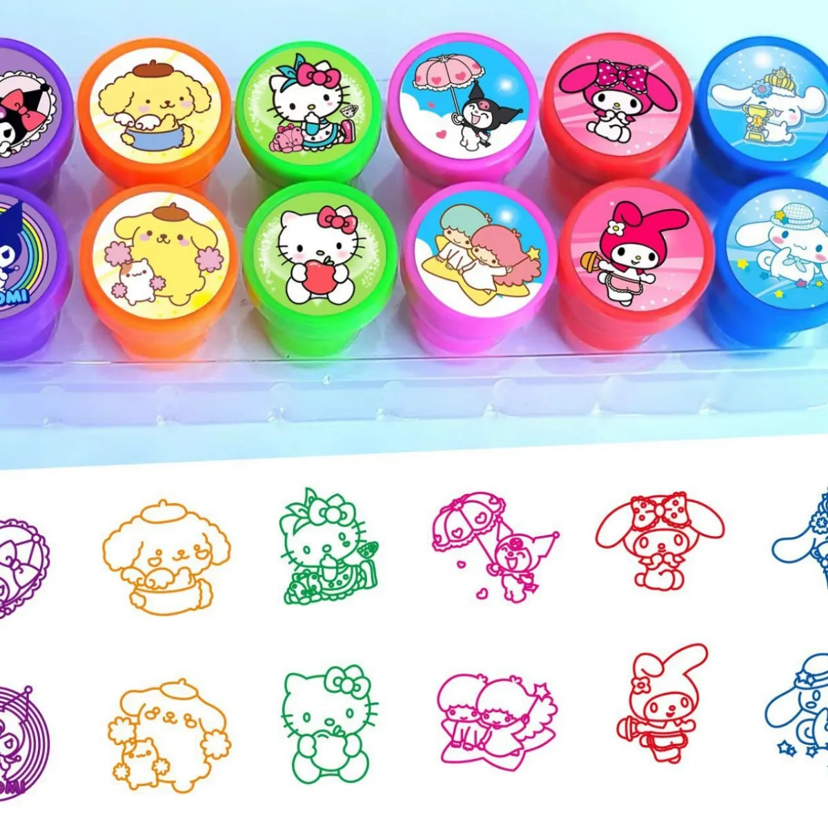 12PCS Sanrio 스탬프 Kawaii 만화 Innamoroll Kuromi 멜로디 Pochacco Pompompurin 어린이 스탬프 파티 상품 어린이 장난감 선물