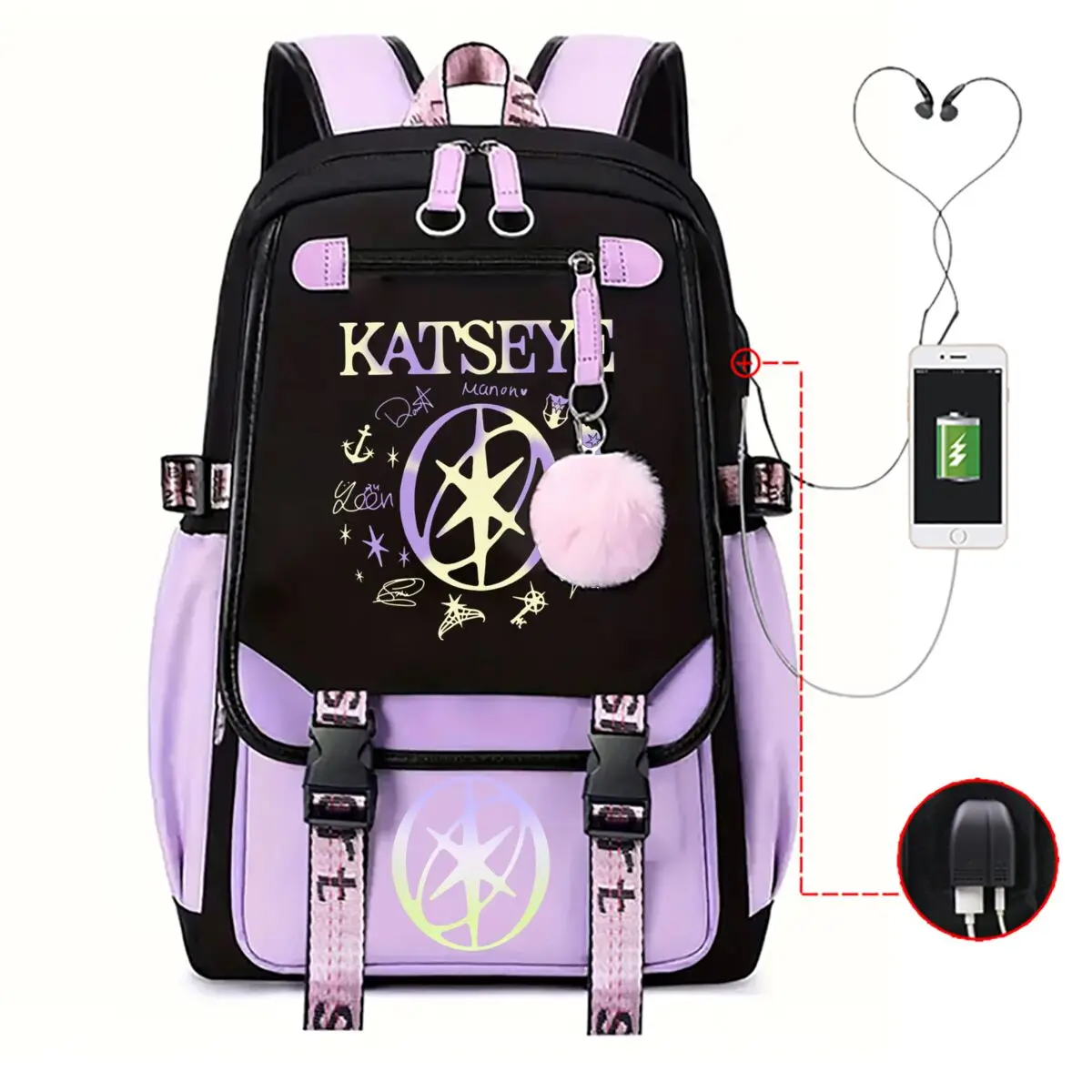 멀티 컬러 캣시이 백팩 외부 USB 포트 디자인 지퍼 배낭 캐주얼 모칠라스 대학생 학교 가방 십대용